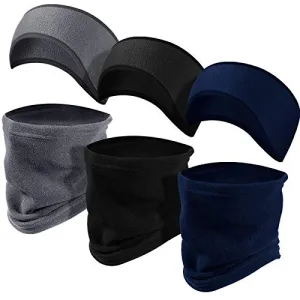 6 Pieces Kids Fleece Ear Warmer Headband with Neck Gaiter Set Winter Ear Muff Neck Scarf for Child Cycling Skiing (Black, Gray, Dark Blue)