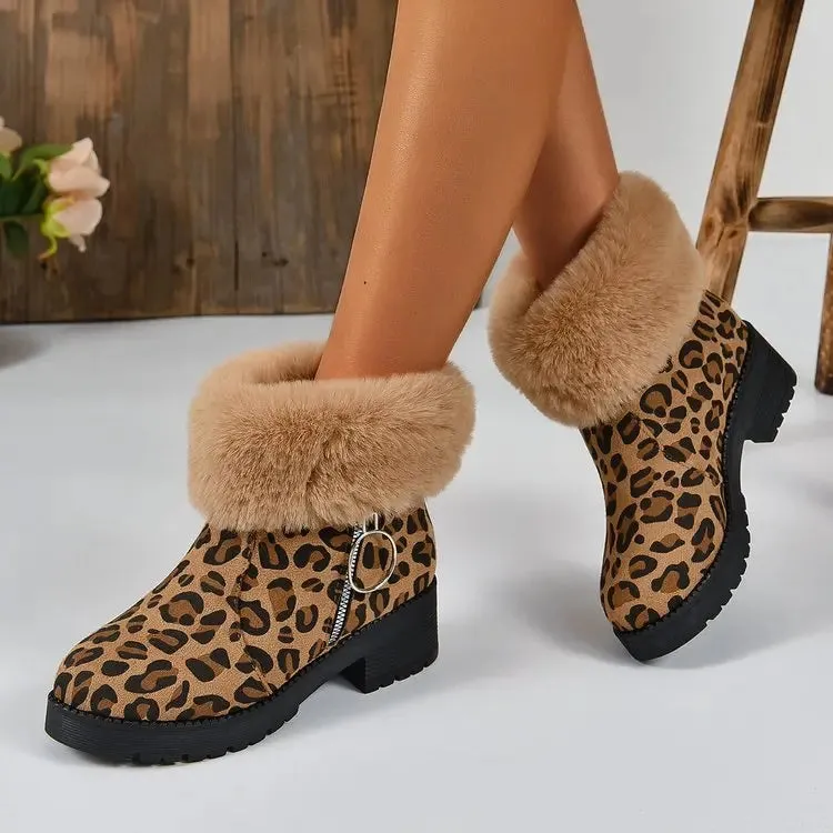 Ankle Fur Suede Leopard Platform Chunky Short Plush Snow Boot