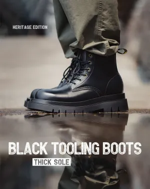 Black Thick-Soled British Style Tooling Derby Men's Boot