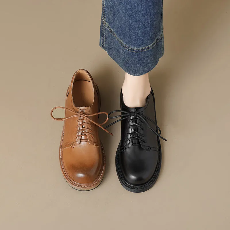 British Style Handmade Washed Cow Leather Soft Derby Shoes in Brown/Black
