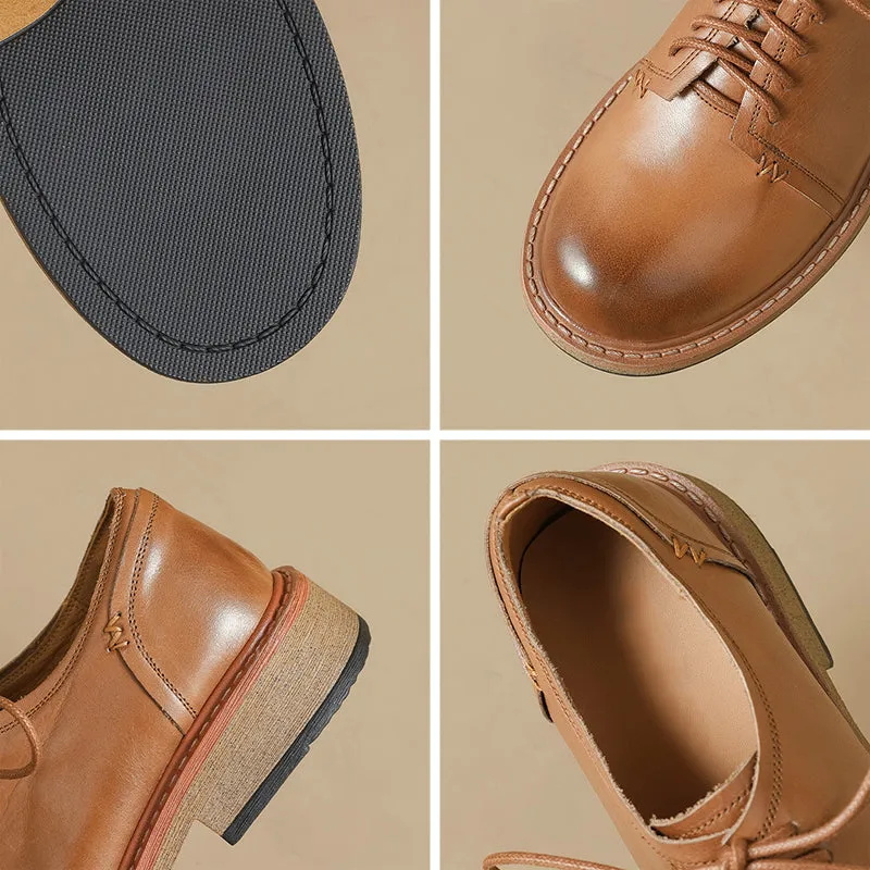 British Style Handmade Washed Cow Leather Soft Derby Shoes in Brown/Black