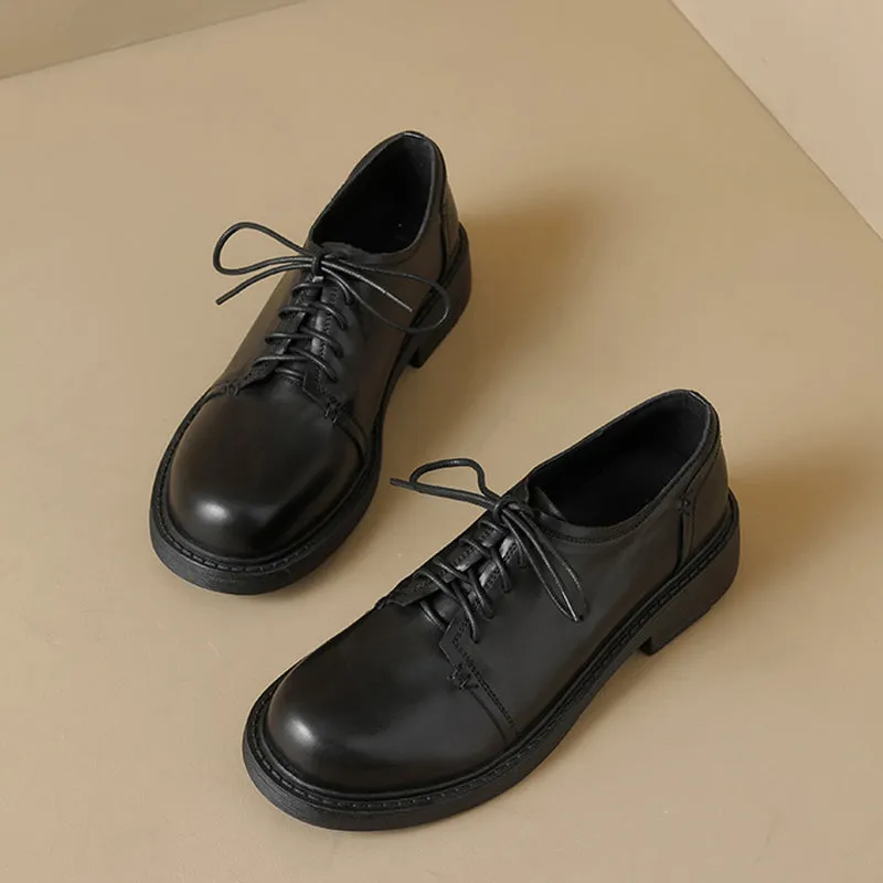 British Style Handmade Washed Cow Leather Soft Derby Shoes in Brown/Black
