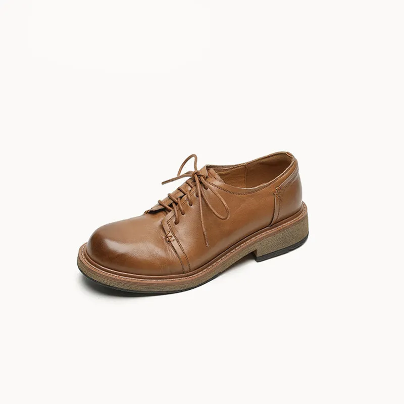 British Style Handmade Washed Cow Leather Soft Derby Shoes in Brown/Black