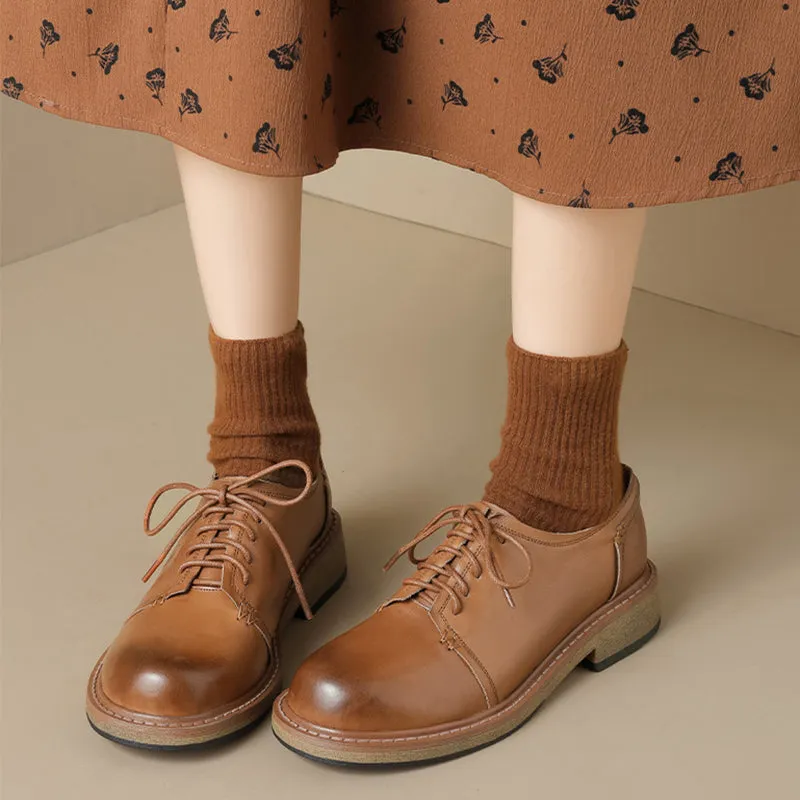 British Style Handmade Washed Cow Leather Soft Derby Shoes in Brown/Black