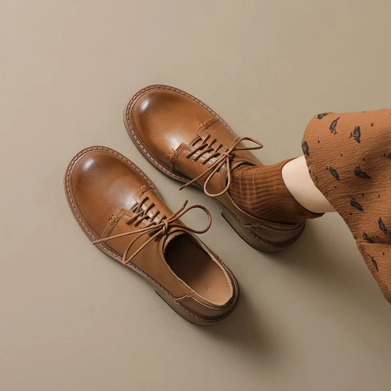 British Style Handmade Washed Cow Leather Soft Derby Shoes in Brown/Black