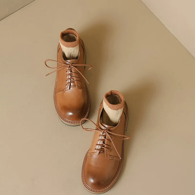 British Style Handmade Washed Cow Leather Soft Derby Shoes in Brown/Black