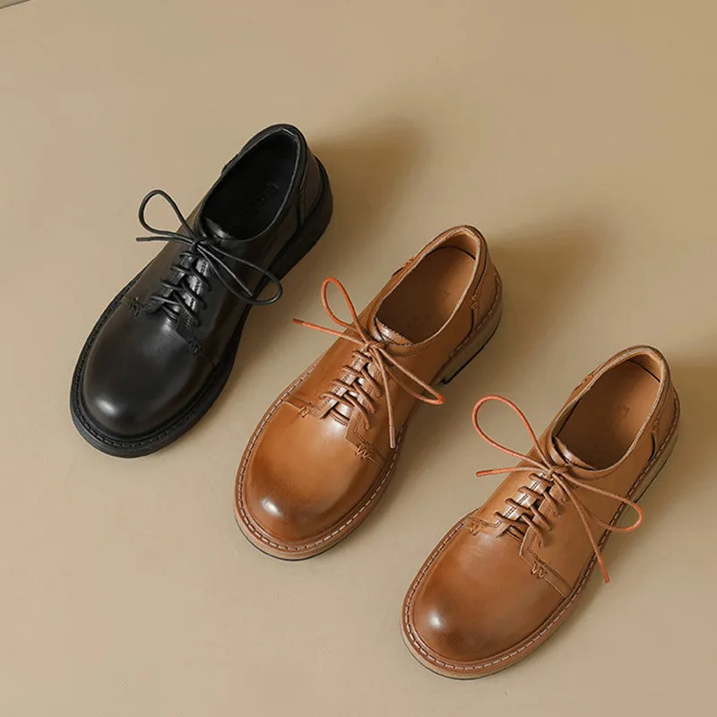 British Style Handmade Washed Cow Leather Soft Derby Shoes in Brown/Black