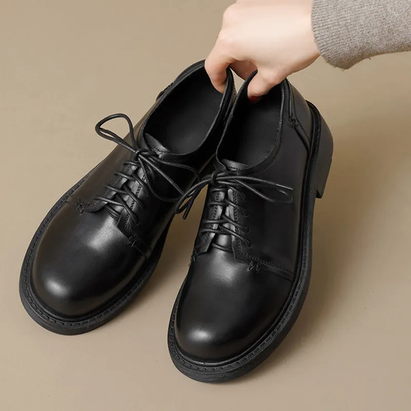 British Style Handmade Washed Cow Leather Soft Derby Shoes in Brown/Black