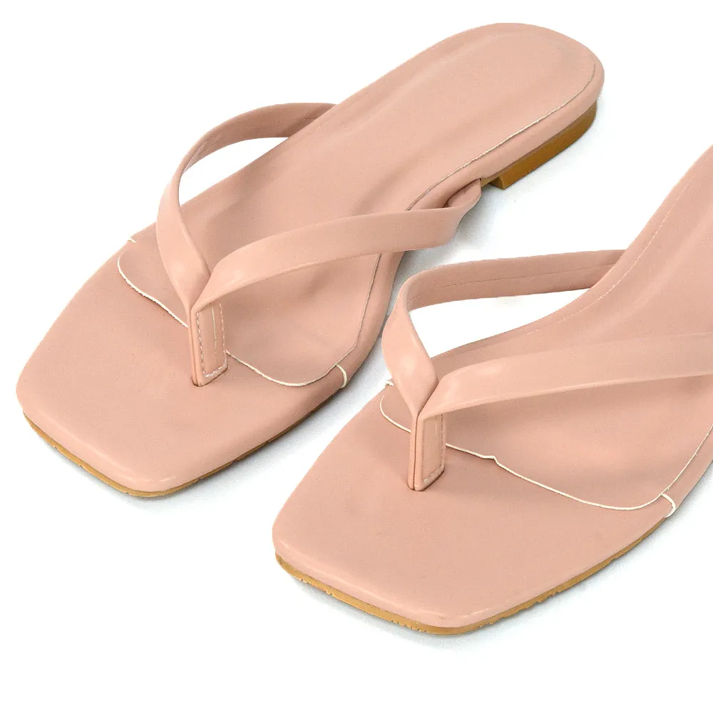 CODY FLAT SLIP ON SQUARE TOE THONG FLIP FLOP SANDAL SLIDES IN BLACK SYNTHETIC LEATHER