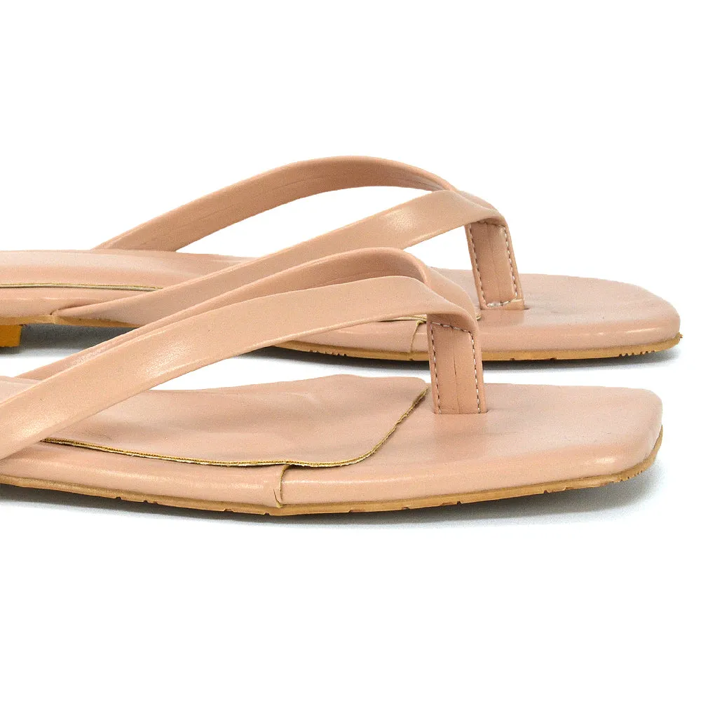 CODY FLAT SLIP ON SQUARE TOE THONG FLIP FLOP SANDAL SLIDES IN BLACK SYNTHETIC LEATHER