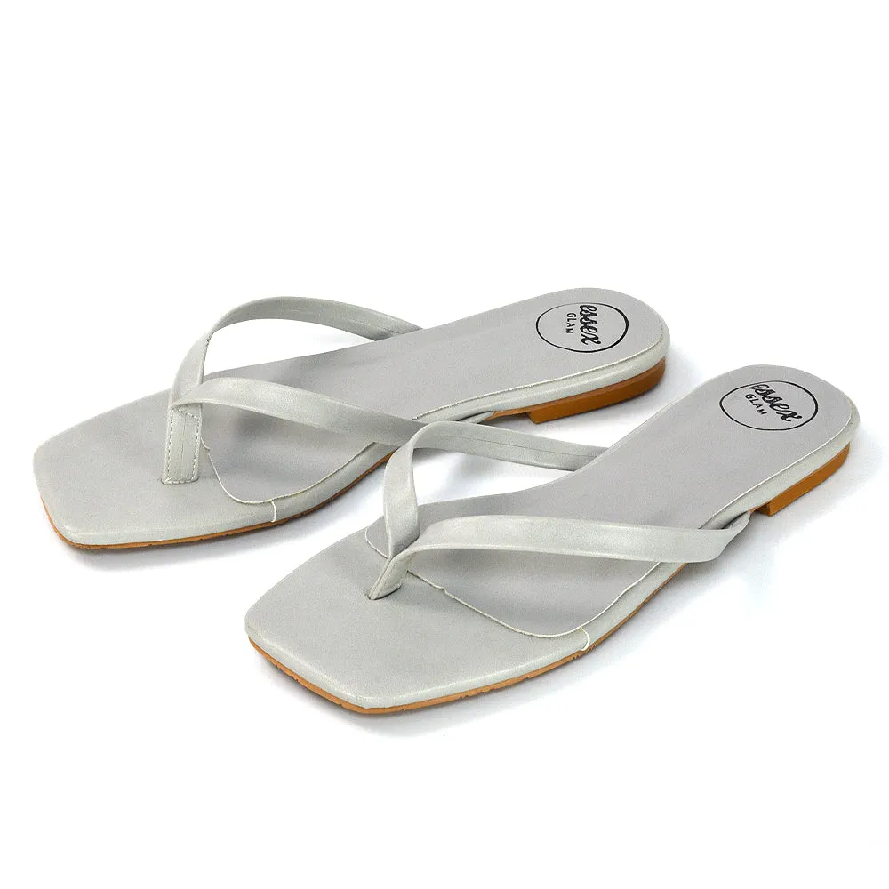 CODY FLAT SLIP ON SQUARE TOE THONG FLIP FLOP SANDAL SLIDES IN BLACK SYNTHETIC LEATHER