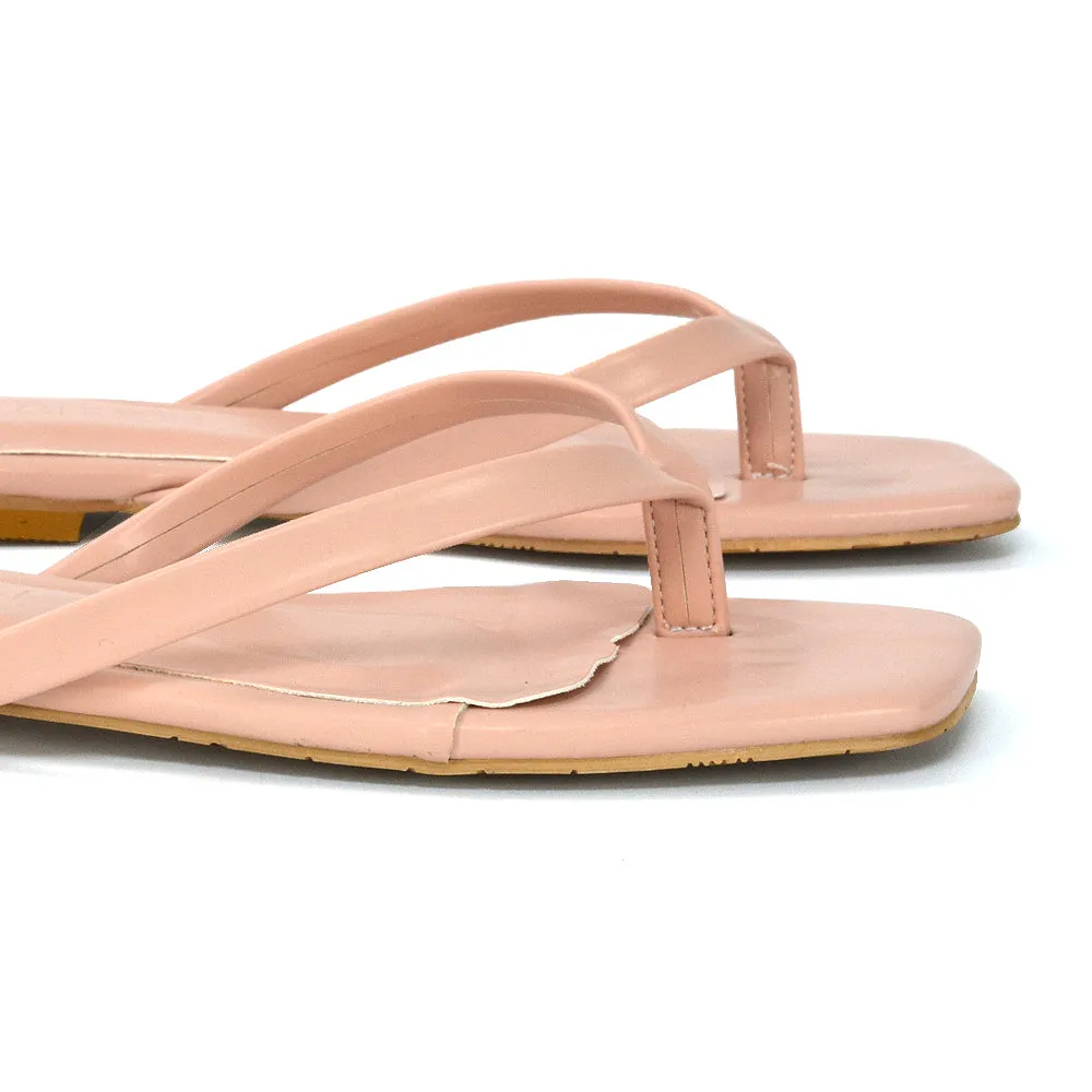 CODY FLAT SLIP ON SQUARE TOE THONG FLIP FLOP SANDAL SLIDES IN BLACK SYNTHETIC LEATHER