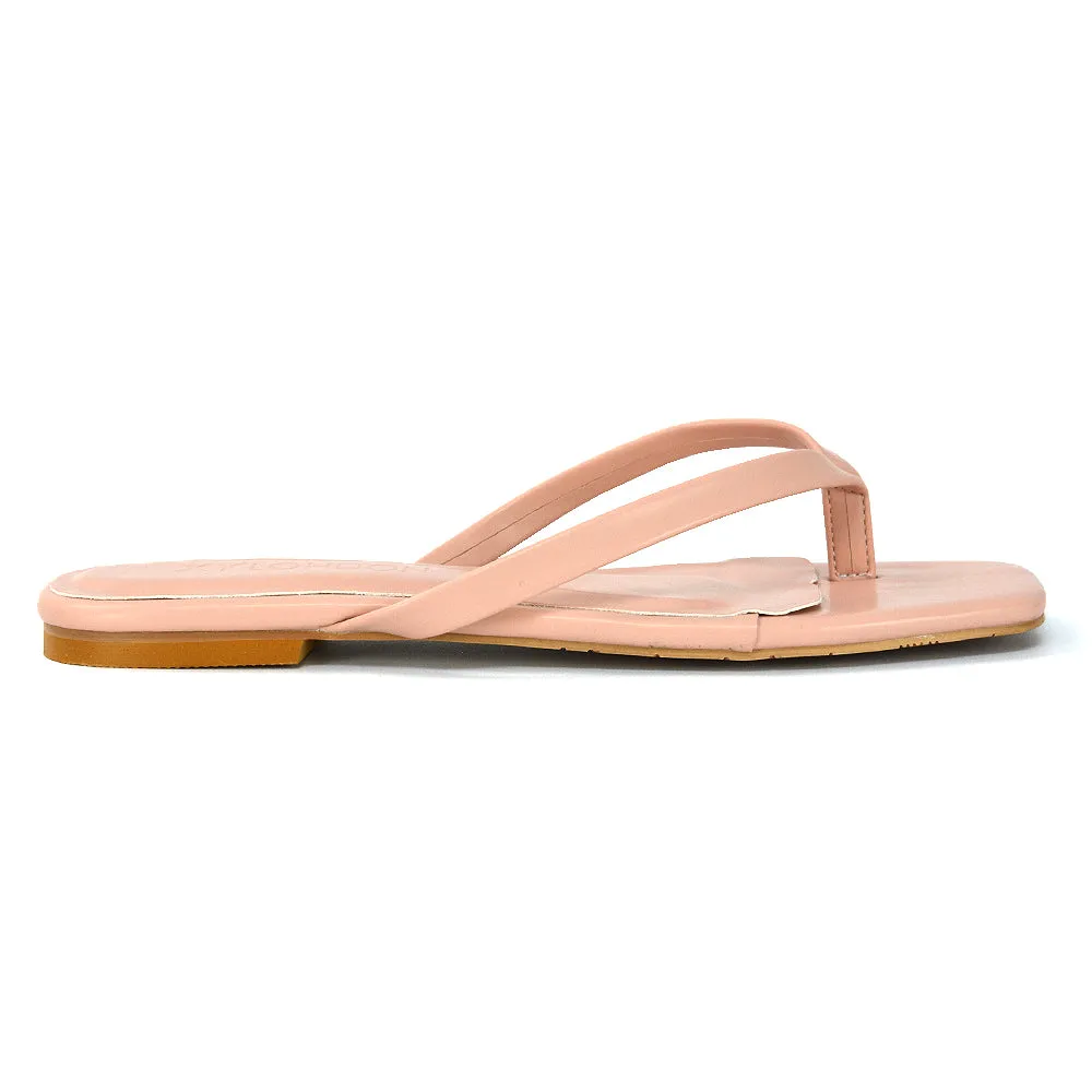 CODY FLAT SLIP ON SQUARE TOE THONG FLIP FLOP SANDAL SLIDES IN BLACK SYNTHETIC LEATHER