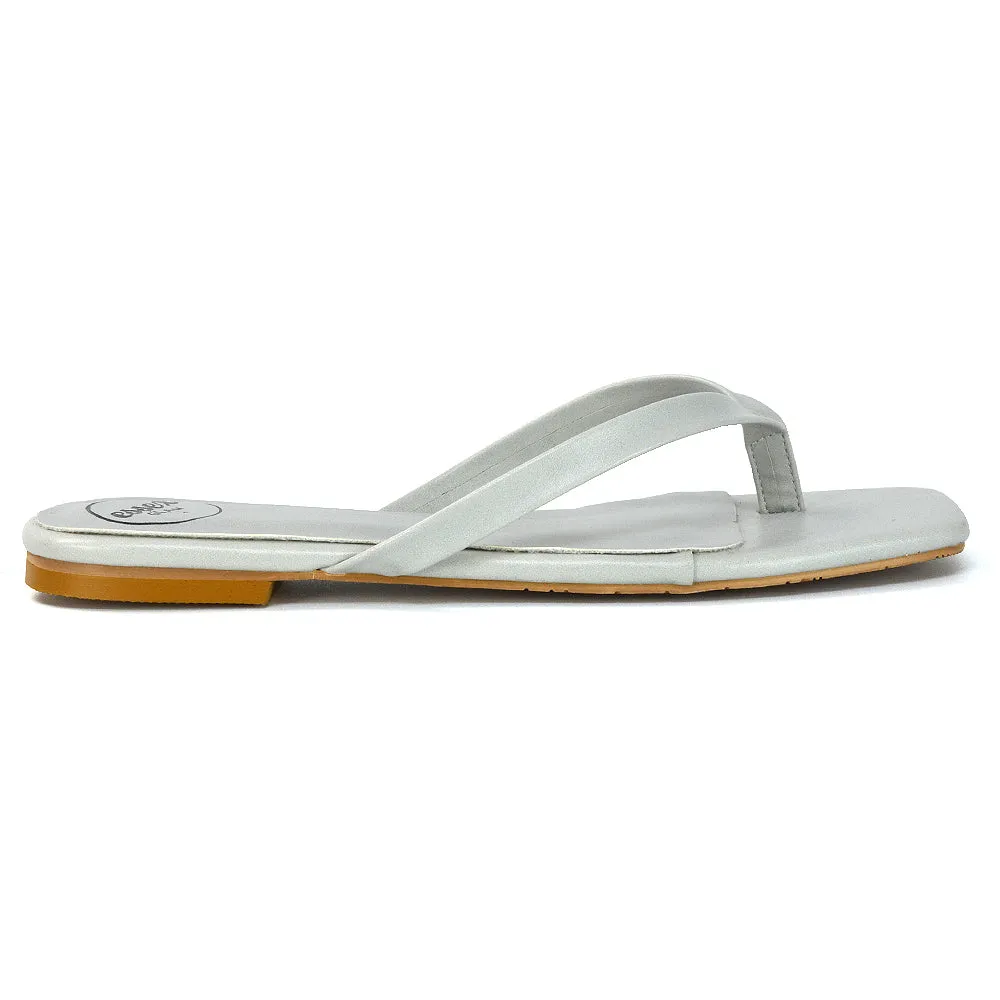 CODY FLAT SLIP ON SQUARE TOE THONG FLIP FLOP SANDAL SLIDES IN BLACK SYNTHETIC LEATHER