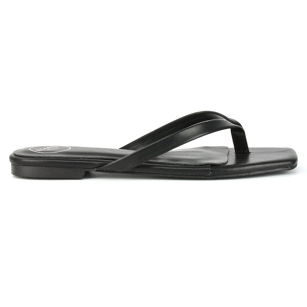 CODY FLAT SLIP ON SQUARE TOE THONG FLIP FLOP SANDAL SLIDES IN BLACK SYNTHETIC LEATHER