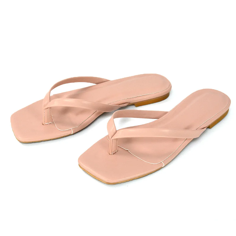 CODY FLAT SLIP ON SQUARE TOE THONG FLIP FLOP SANDAL SLIDES IN BLACK SYNTHETIC LEATHER