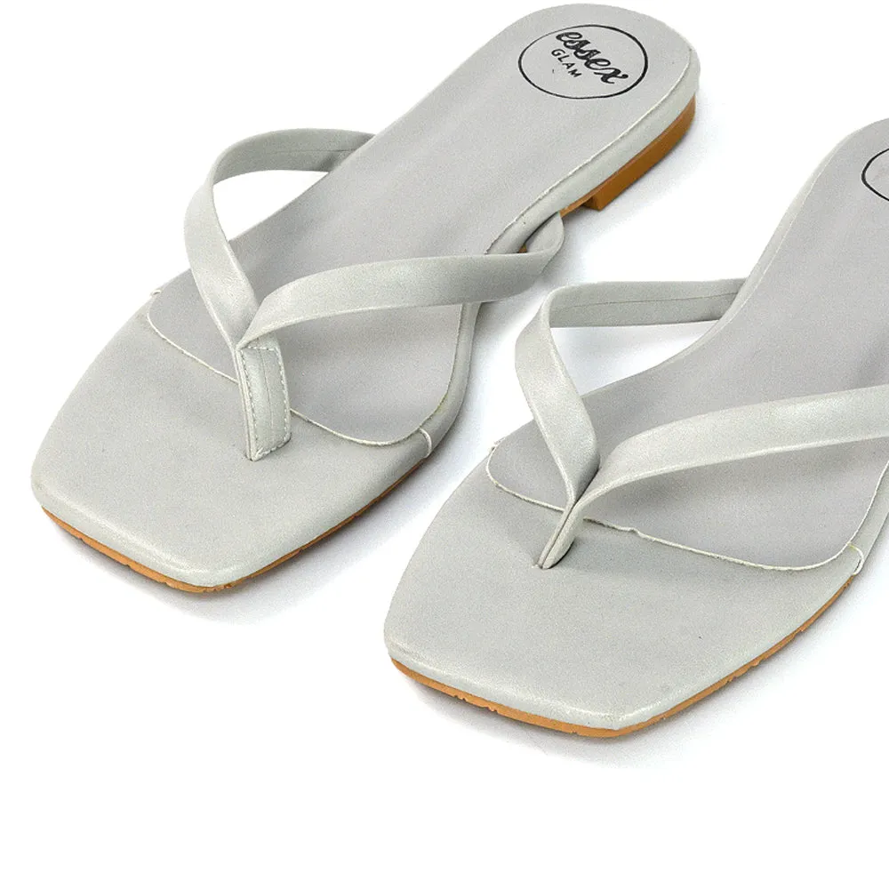 CODY FLAT SLIP ON SQUARE TOE THONG FLIP FLOP SANDAL SLIDES IN BLACK SYNTHETIC LEATHER