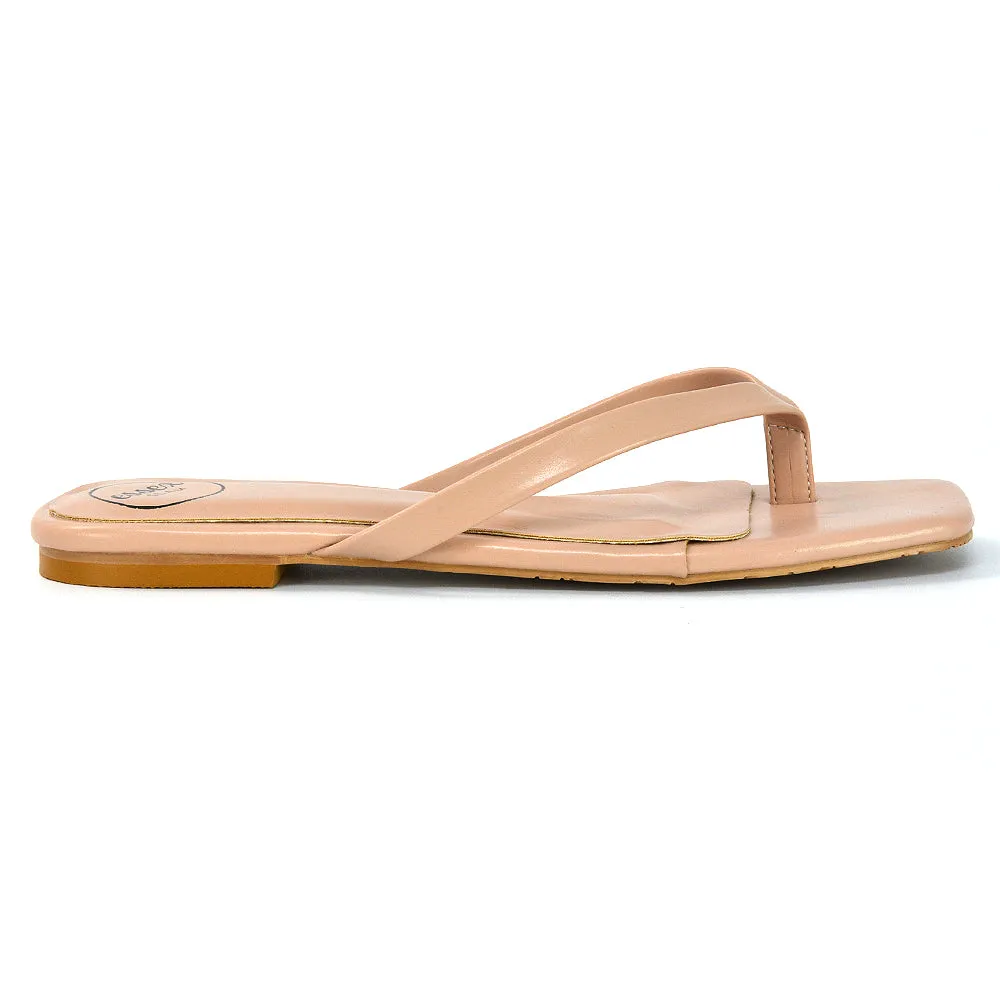 CODY FLAT SLIP ON SQUARE TOE THONG FLIP FLOP SANDAL SLIDES IN WHITE SYNTHETIC LEATHER