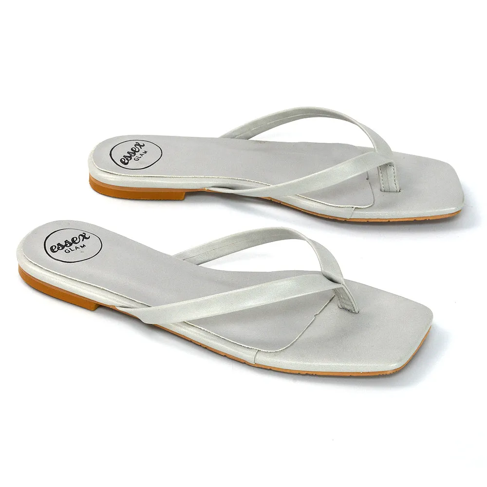 CODY FLAT SLIP ON SQUARE TOE THONG FLIP FLOP SANDAL SLIDES IN WHITE SYNTHETIC LEATHER