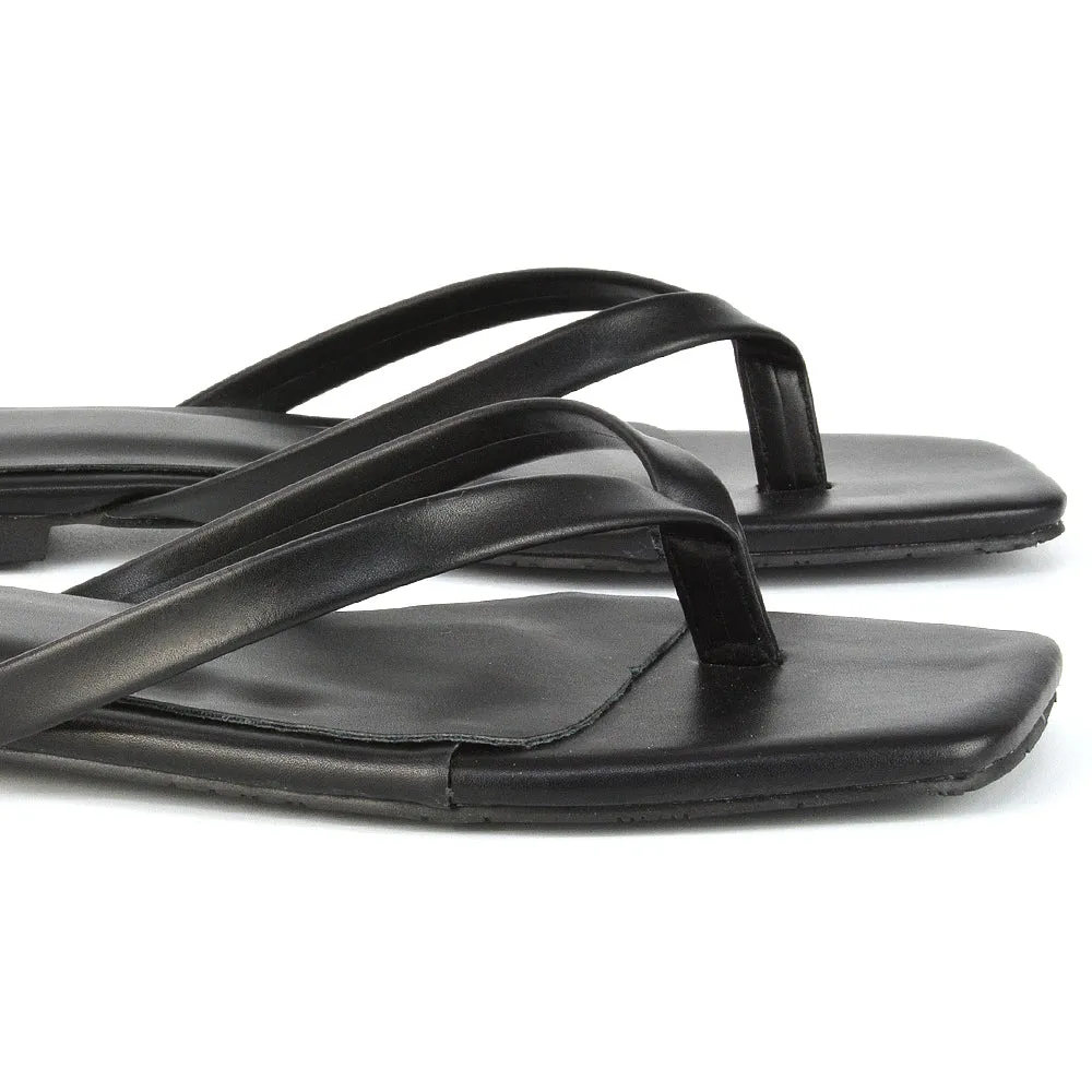 CODY FLAT SLIP ON SQUARE TOE THONG FLIP FLOP SANDAL SLIDES IN WHITE SYNTHETIC LEATHER