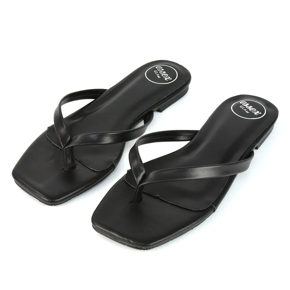 CODY FLAT SLIP ON SQUARE TOE THONG FLIP FLOP SANDAL SLIDES IN WHITE SYNTHETIC LEATHER