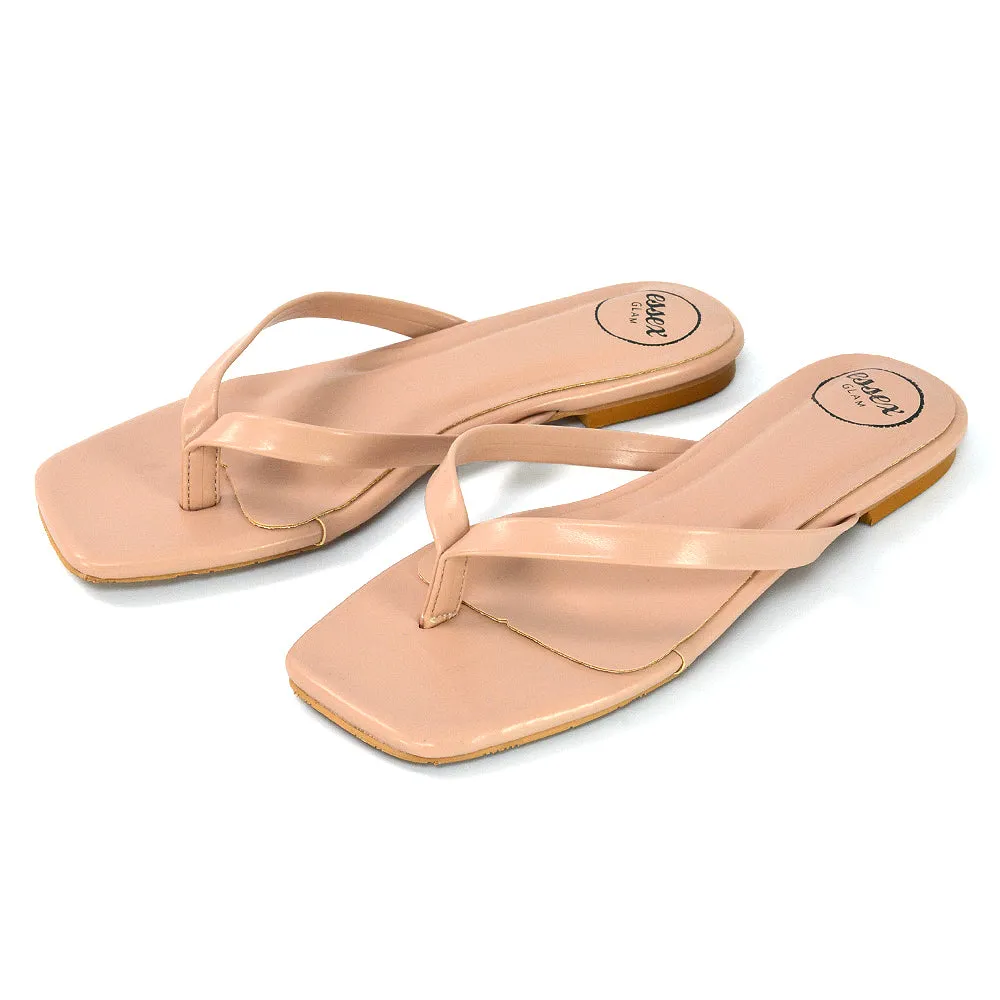 CODY FLAT SLIP ON SQUARE TOE THONG FLIP FLOP SANDAL SLIDES IN WHITE SYNTHETIC LEATHER