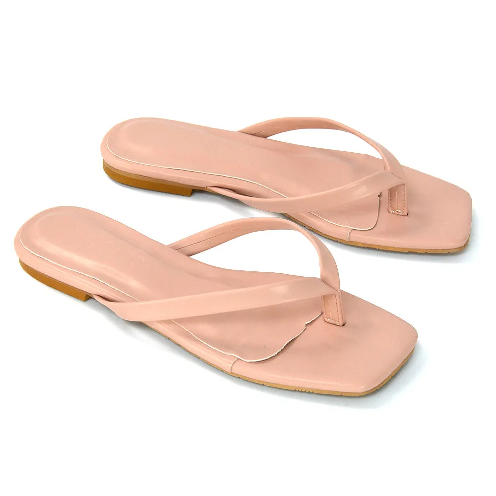 CODY FLAT SLIP ON SQUARE TOE THONG FLIP FLOP SANDAL SLIDES IN WHITE SYNTHETIC LEATHER