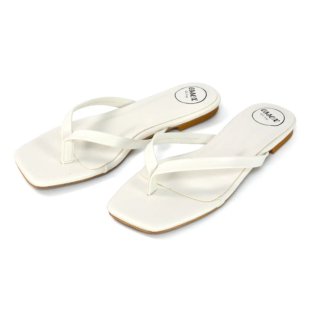 CODY FLAT SLIP ON SQUARE TOE THONG FLIP FLOP SANDAL SLIDES IN WHITE SYNTHETIC LEATHER