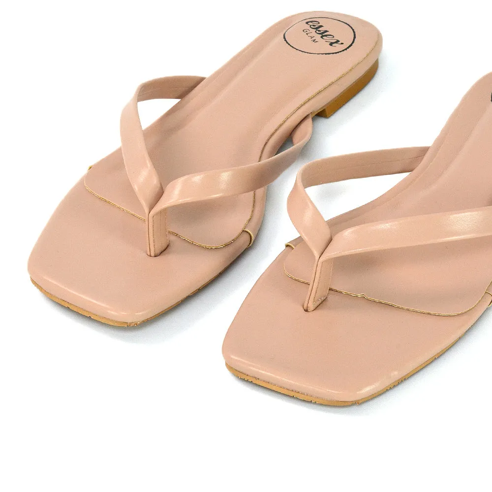CODY FLAT SLIP ON SQUARE TOE THONG FLIP FLOP SANDAL SLIDES IN WHITE SYNTHETIC LEATHER