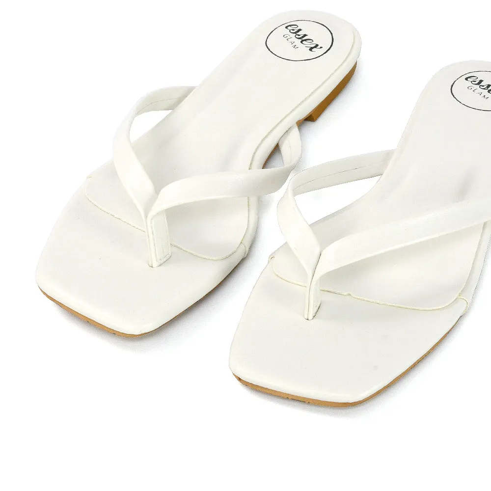 CODY FLAT SLIP ON SQUARE TOE THONG FLIP FLOP SANDAL SLIDES IN WHITE SYNTHETIC LEATHER