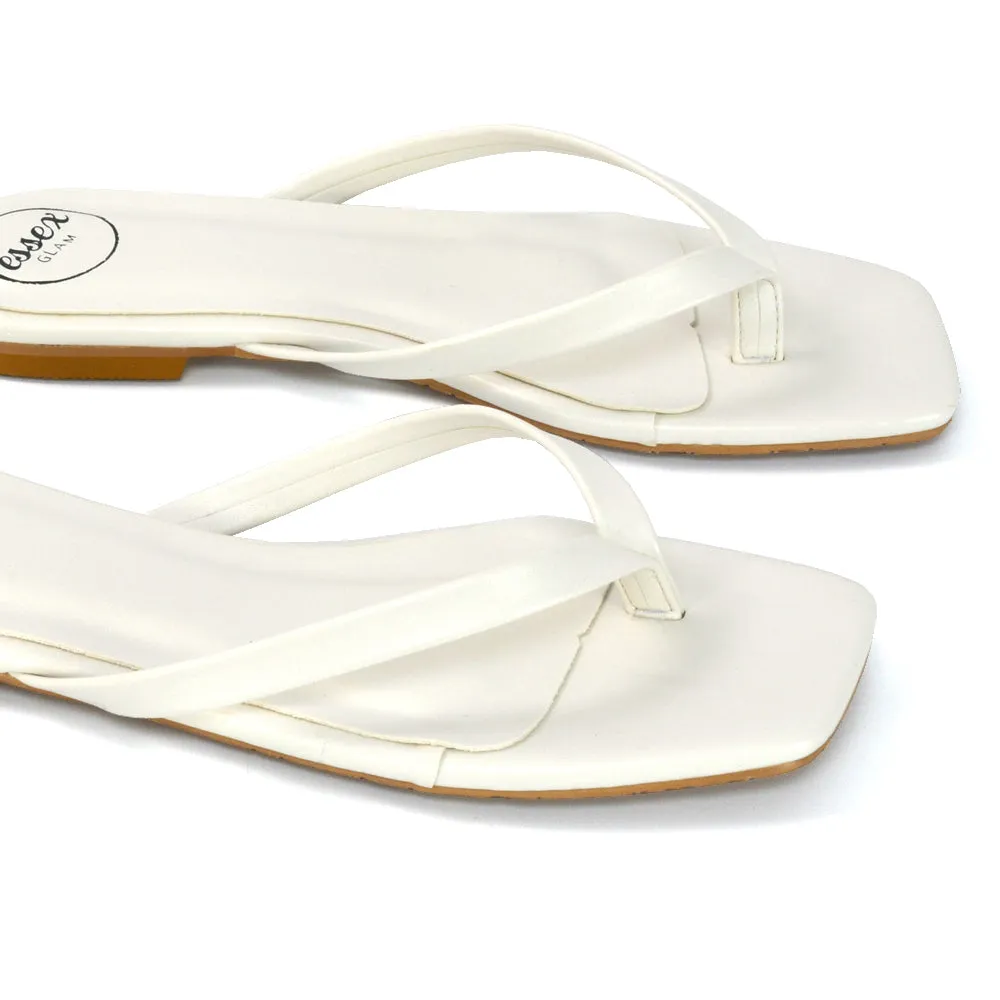 CODY FLAT SLIP ON SQUARE TOE THONG FLIP FLOP SANDAL SLIDES IN WHITE SYNTHETIC LEATHER