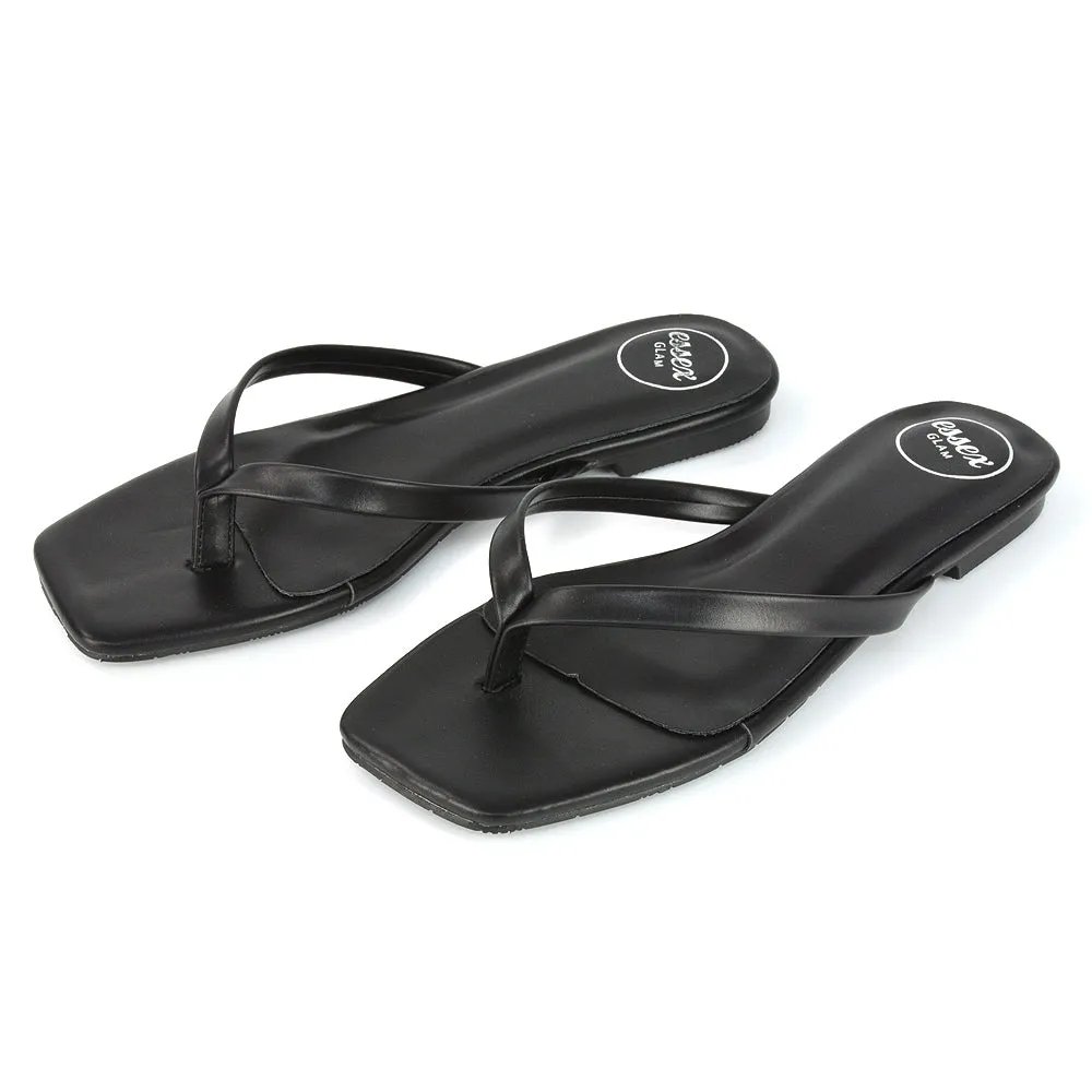 CODY FLAT SLIP ON SQUARE TOE THONG FLIP FLOP SANDAL SLIDES IN WHITE SYNTHETIC LEATHER