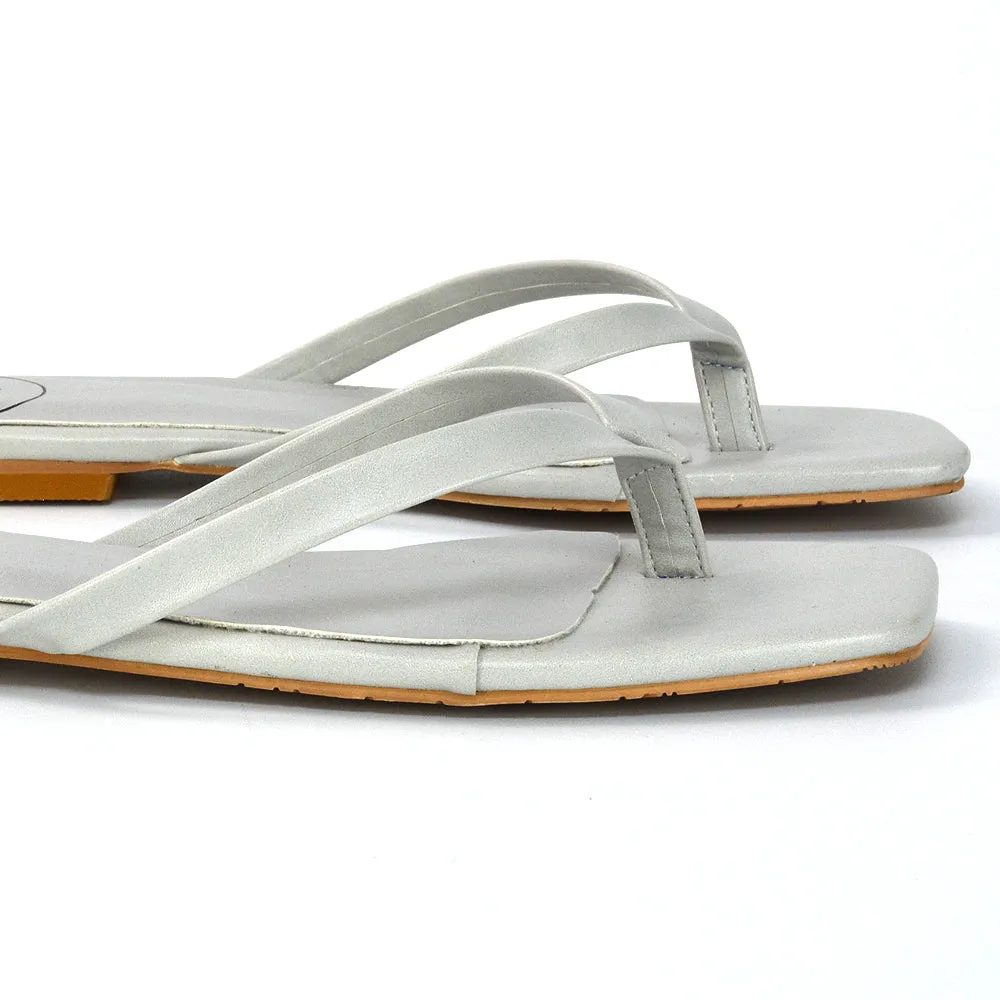 CODY FLAT SLIP ON SQUARE TOE THONG FLIP FLOP SANDAL SLIDES IN WHITE SYNTHETIC LEATHER