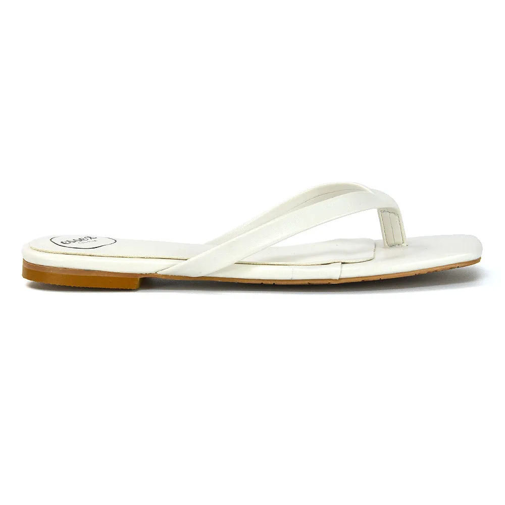 CODY FLAT SLIP ON SQUARE TOE THONG FLIP FLOP SANDAL SLIDES IN WHITE SYNTHETIC LEATHER