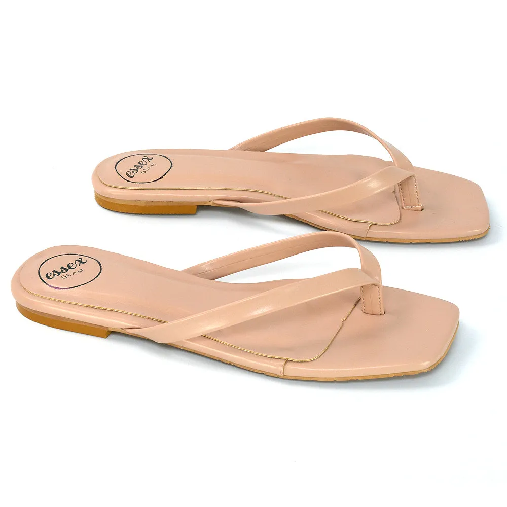 CODY FLAT SLIP ON SQUARE TOE THONG FLIP FLOP SANDAL SLIDES IN WHITE SYNTHETIC LEATHER