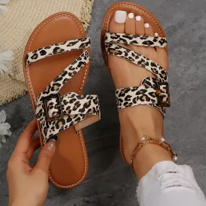 Fashion Leopard Print Flat Slippers for Women Casual Summer Beach Flip Flops Sandals Woman Buckle Slip On Soft Slides Plus Size