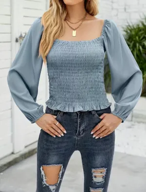 Grey Smocked Ruffle Hem Balloon Sleeve Top