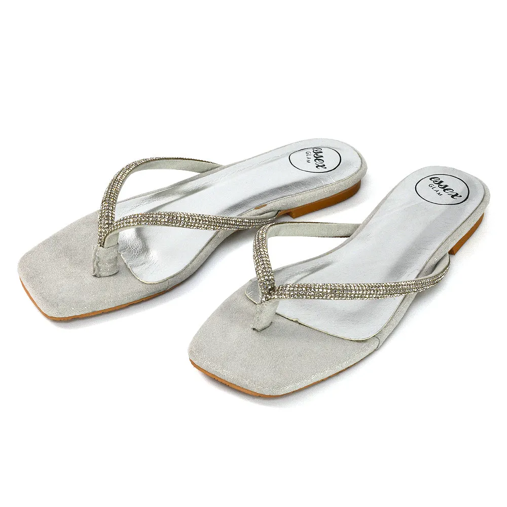 Raina Square Toe Thong Strap Flat Diamante Sandal Slides in Rose Gold Shimmer