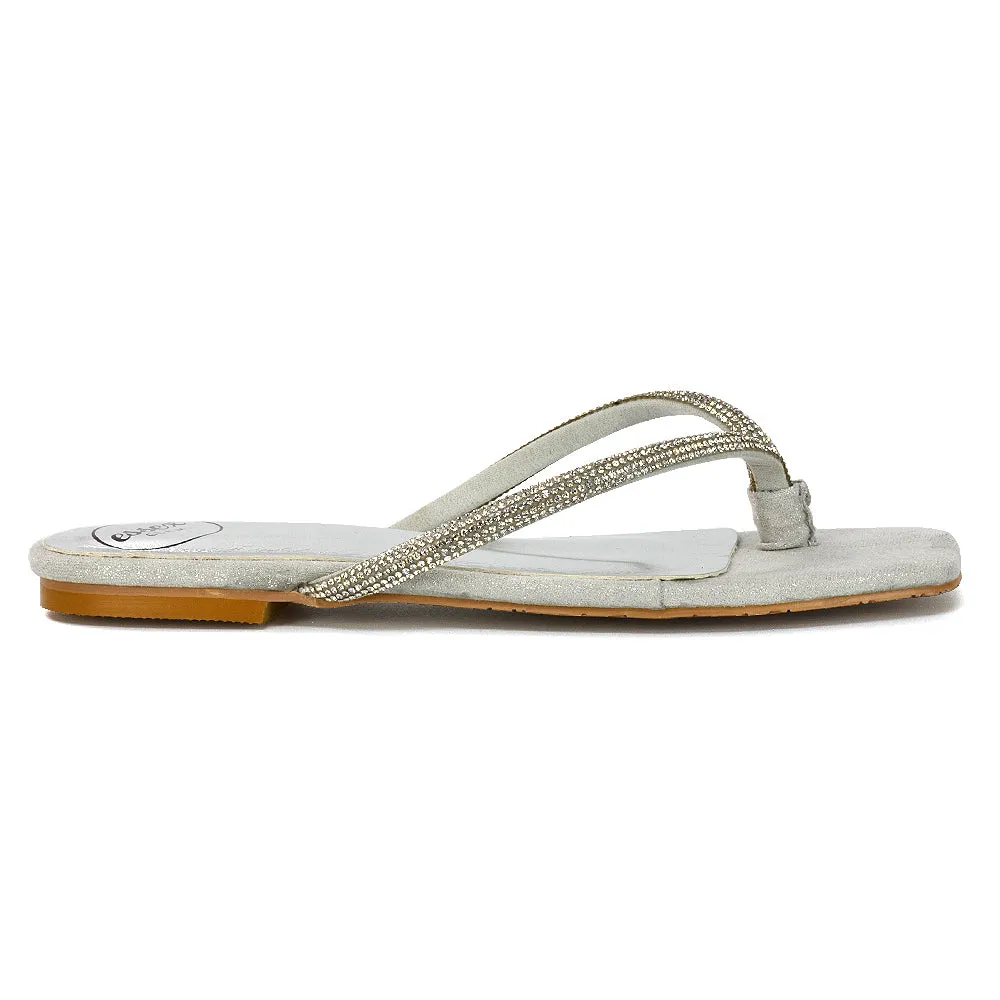 Raina Square Toe Thong Strap Flat Diamante Sandal Slides in Rose Gold Shimmer
