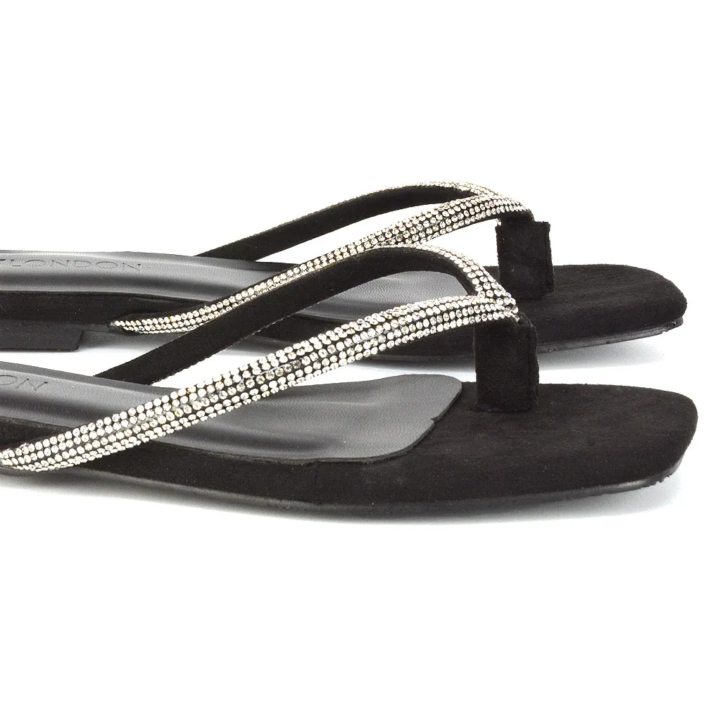 Raina Square Toe Thong Strap Flat Diamante Sandal Slides in Rose Gold Shimmer
