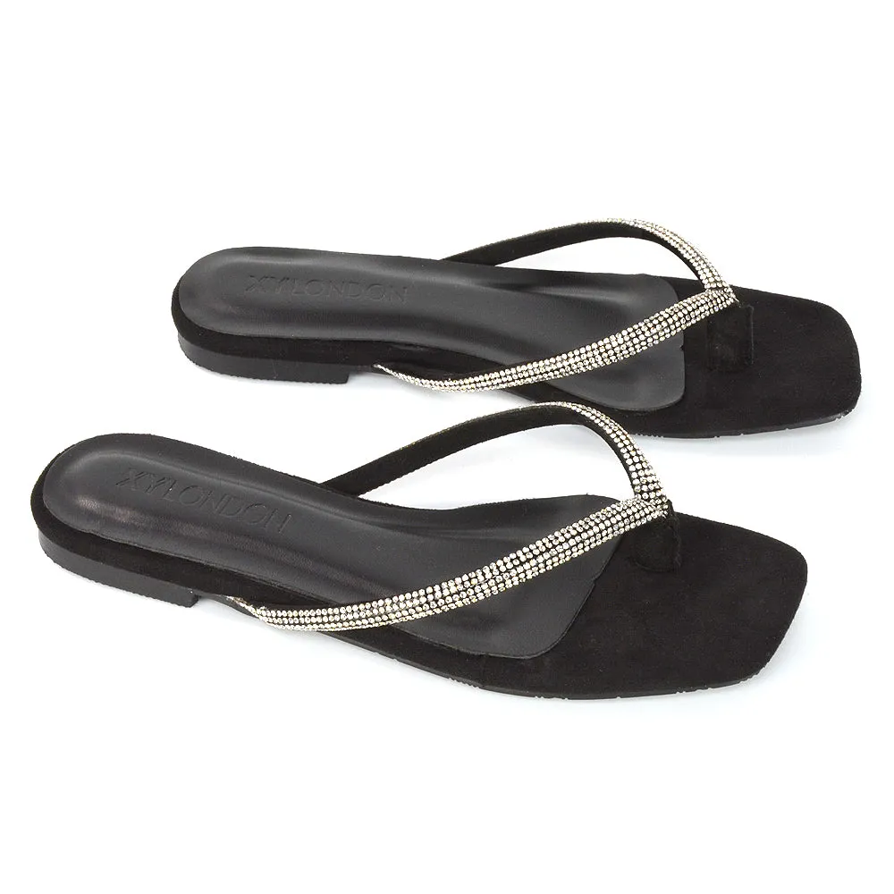 Raina Square Toe Thong Strap Flat Diamante Sandal Slides in Rose Gold Shimmer