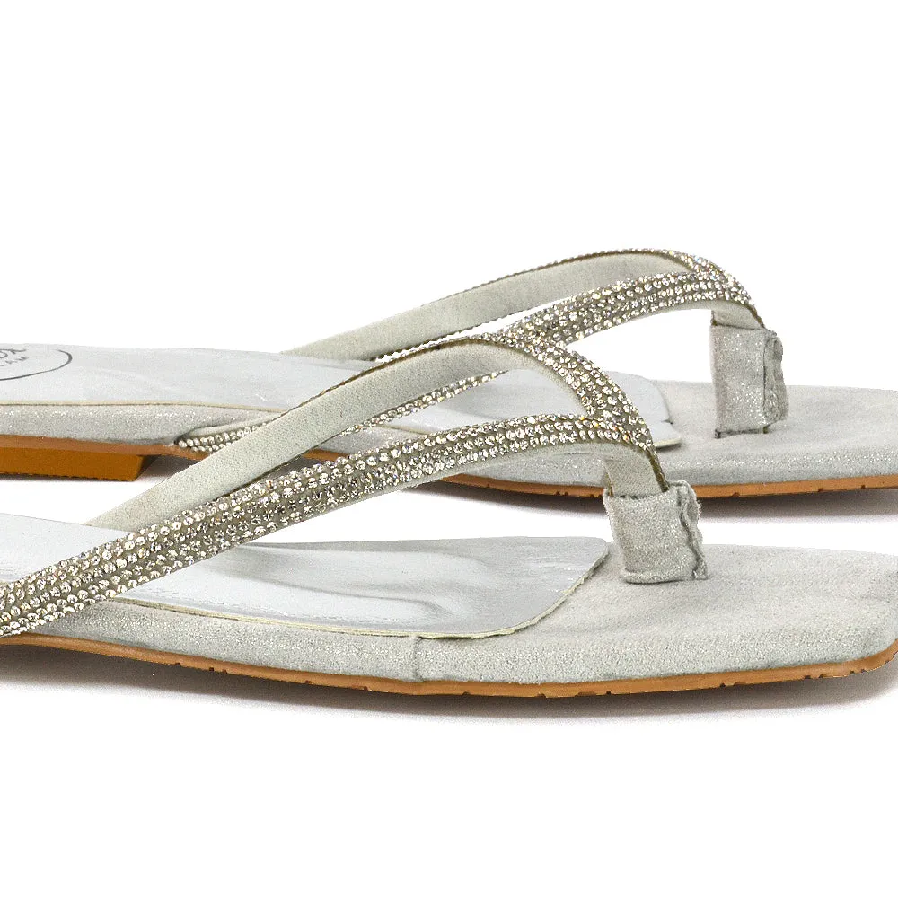 Raina Square Toe Thong Strap Flat Diamante Sandal Slides in Rose Gold Shimmer