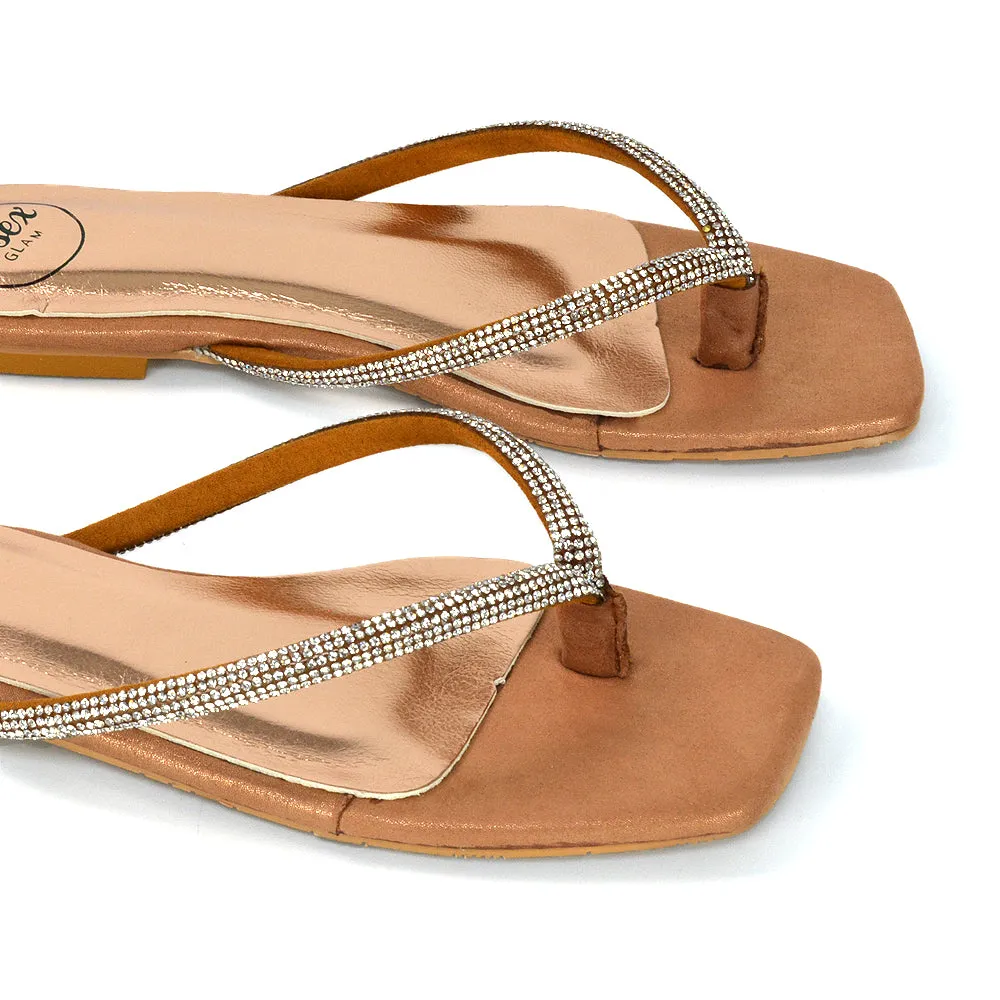 Raina Square Toe Thong Strap Flat Diamante Sandal Slides in Rose Gold Shimmer