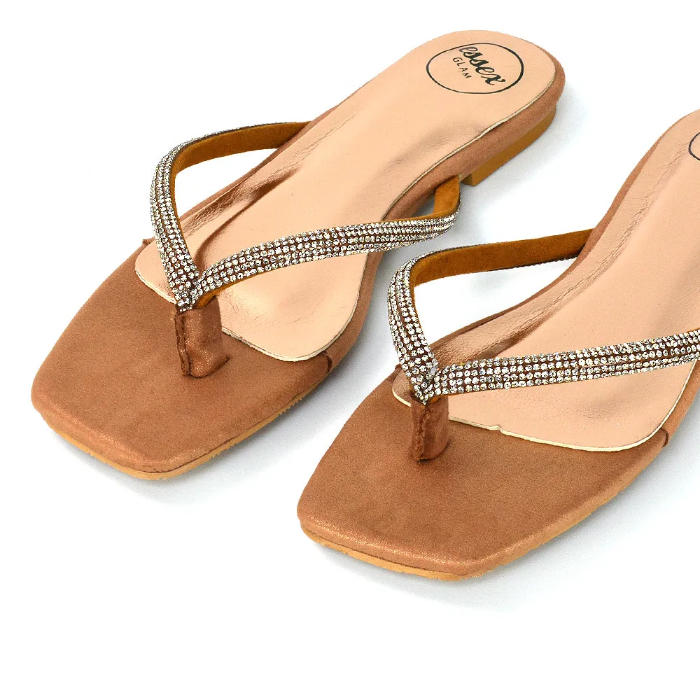 Raina Square Toe Thong Strap Flat Diamante Sandal Slides in Rose Gold Shimmer