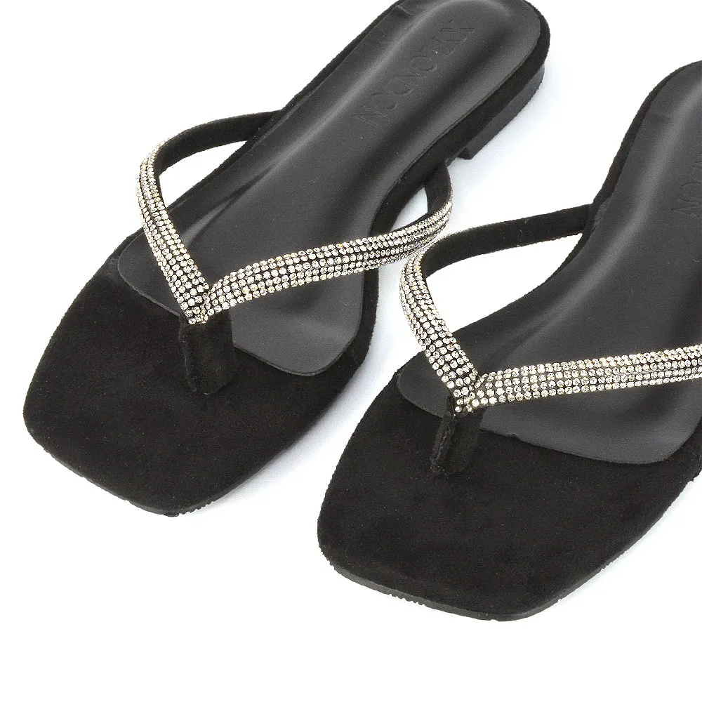 Raina Square Toe Thong Strap Flat Diamante Sandal Slides in Rose Gold Shimmer