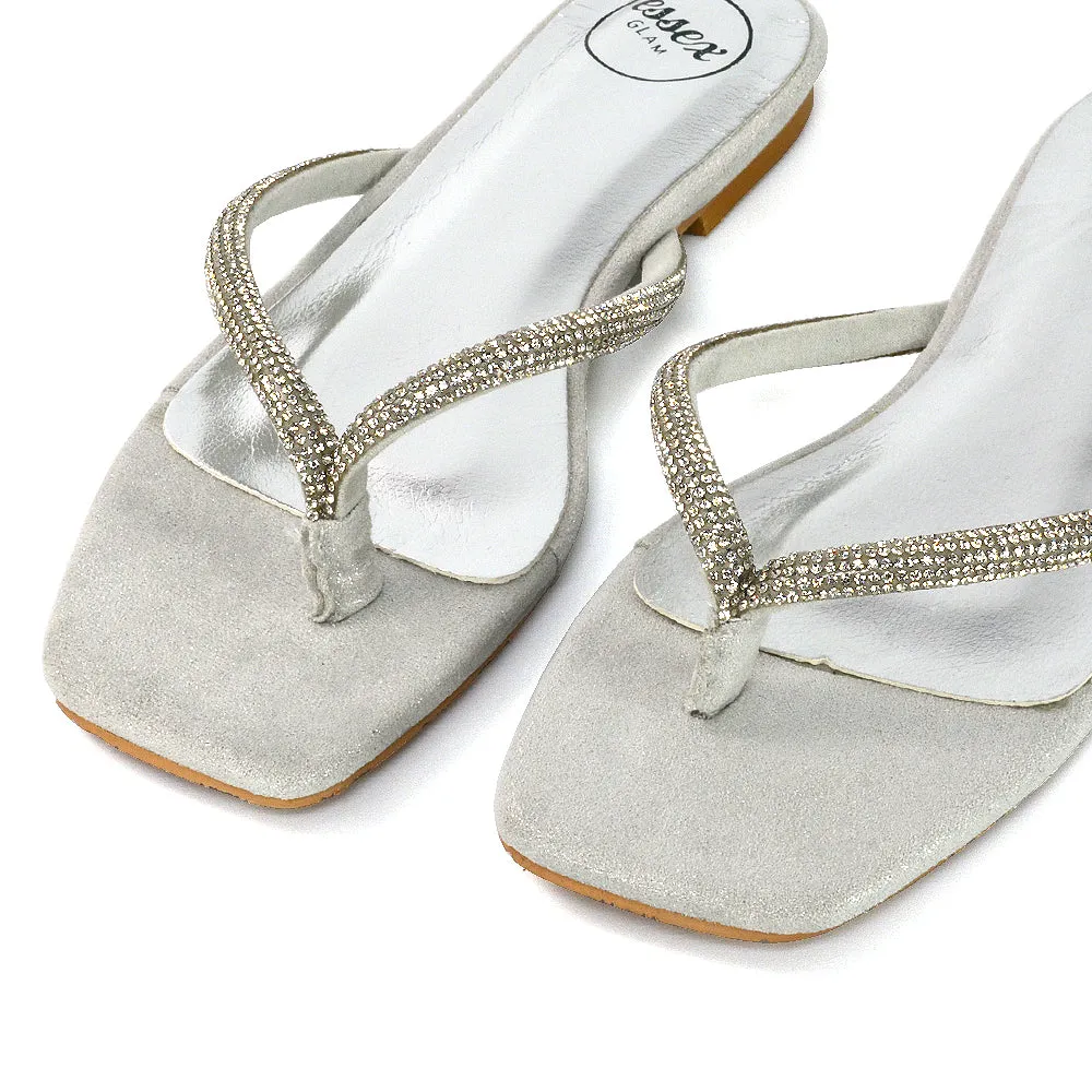 Raina Square Toe Thong Strap Flat Diamante Sandal Slides in Rose Gold Shimmer