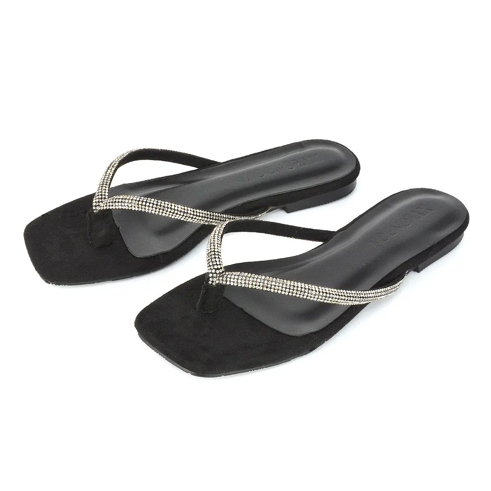 Raina Square Toe Thong Strap Flat Diamante Sandal Slides in Rose Gold Shimmer