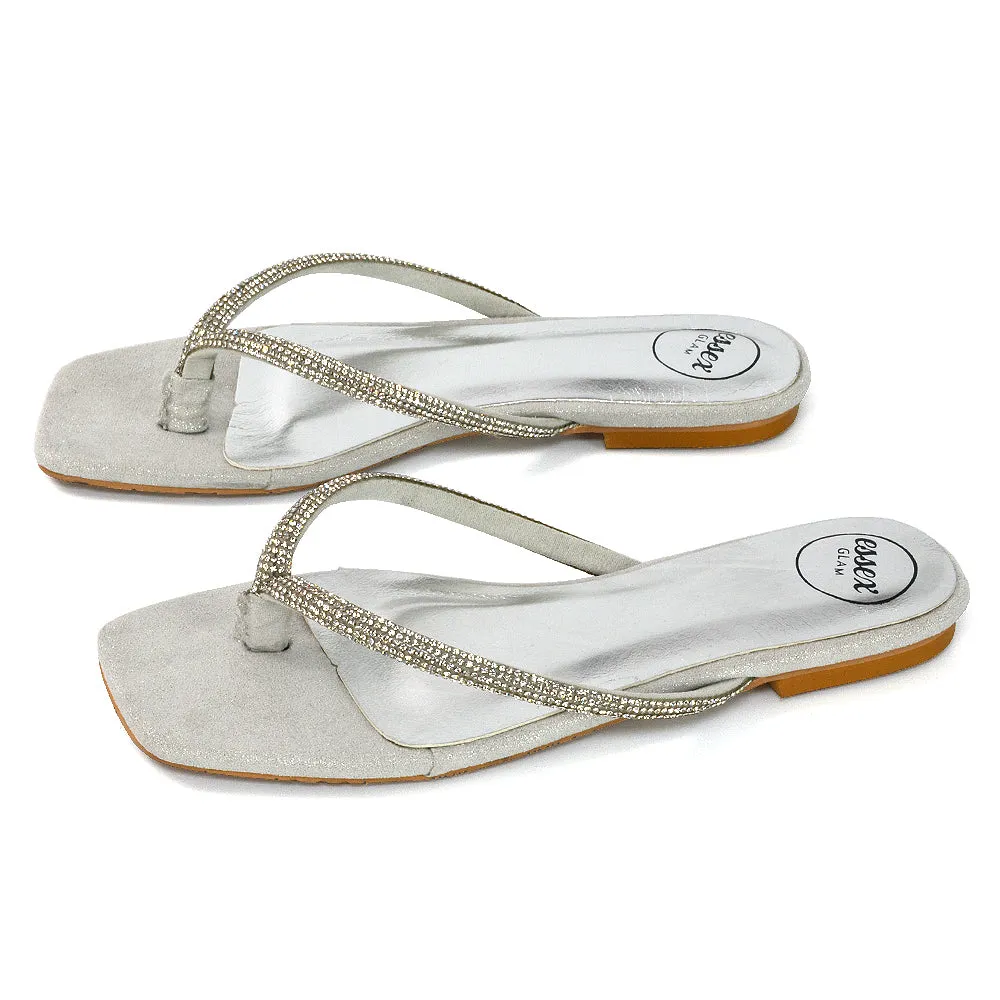 Raina Square Toe Thong Strap Flat Diamante Sandal Slides in Rose Gold Shimmer