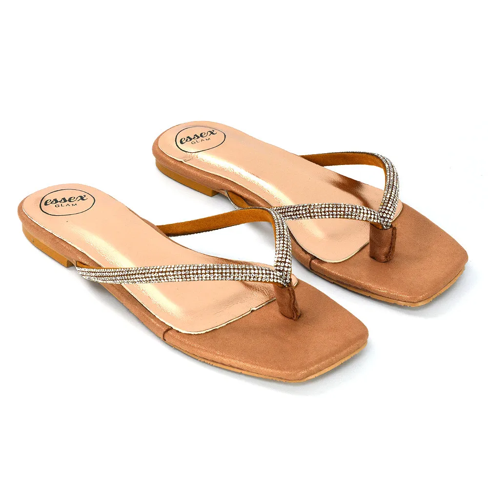 Raina Square Toe Thong Strap Flat Diamante Sandal Slides in Rose Gold Shimmer