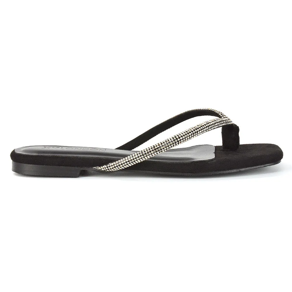 Raina Square Toe Thong Strap Flat Diamante Sandal Slides in Rose Gold Shimmer